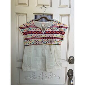 Peek Kids Girls Embroidered Boho Top Natural White Cotton Short Sleeve Size 10